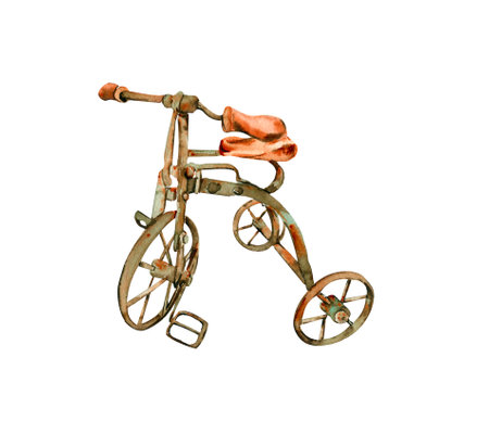 Watercolor illustration of old rusty green bicycle. An old rusty enamel element. Hand drawn in watercolor on a white background. Perfect for wedding invitation, greetings card, posters, party decor.の写真素材