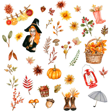 Watercolor hand drawn autumn leaves and pumpkins. Hand drawn illustration of autumn. Perfect for scrapbooking, kids design, wedding invitation, posters, greetings cards, party decoration.の写真素材
