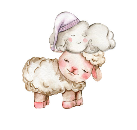 Watercolor cute white fluffy sheep and cute cloud on it's head. Illustration of farm baby animal. Perfect for wedding invitation,greetings card,poster,fabric patterns.の写真素材