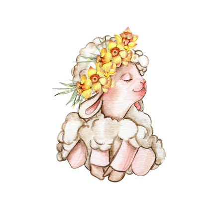 Watercolor white fluffy sheep with wreath made from yellow narcissus flowers on its head. Illustration of farm baby animal. Perfect for wedding invitation,greetings card,poster,fabric patterns.の写真素材