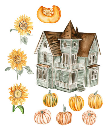 Watercolor hand drawn autumn farm house, pumpkins. Hand drawn illustration of an autumn. Perfect for scrapbooking, kids design, wedding invitation, posters, greetings cards, party decoration.の写真素材