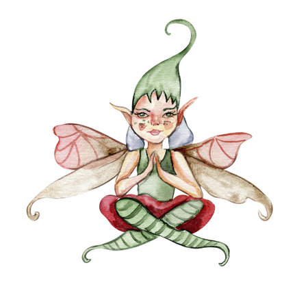 Forest elf with magic wings. Watercolor hand drawn fairy tale illustration. Perfect for greeting card, poster, wedding invitation, party decorの写真素材