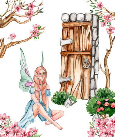 Composition with forest fairy, green tree and bushes. Watercolor hand drawn illustration. Perfect for greeting card, poster, wedding invitation, party decor.の写真素材
