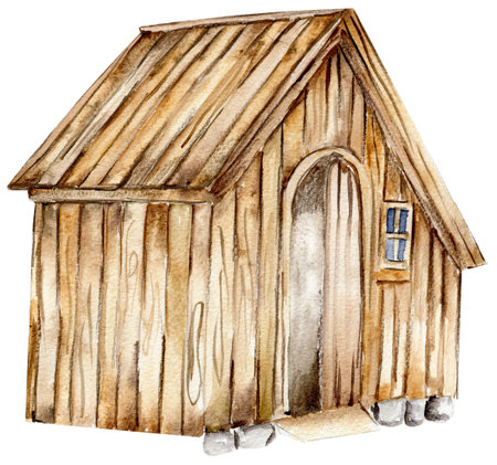 Watercolor wooden farmhouse. Hand drawn illustration of a farm. Perfect for wedding invitation, greetings card, posters.の写真素材