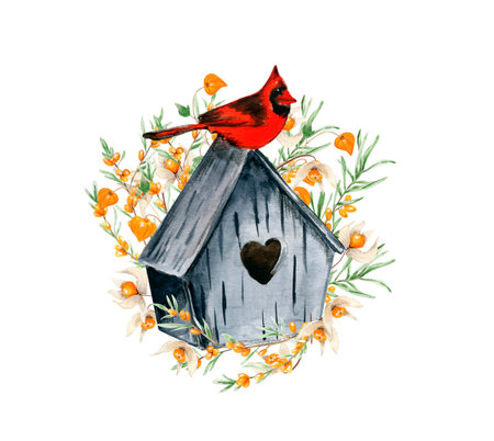 Composition of physalis, birds house and sea buckthorn. Watercolor hand drawn autumn leaves and elements. Hand drawn illustration of autumn. Perfect for scrapbooking, kids design, posters.の写真素材