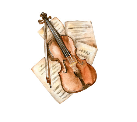 Old violin lies on paper with notes. Perfect for wedding, invitations, blogs, card templates, birthday and baby cards, patterns, quotes.の写真素材