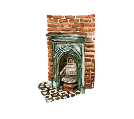 Watercolor old green wood brick fireplace. Perfect for wedding, invitations, blogs, card templates, birthday and baby cards, patterns, quotes.の写真素材