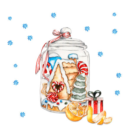 Christmas composition with glass bottle with gingerbread house inside. Watercolor hand drawn illustration. New Year's card, perfect for wedding, invitations, blogs, card templates, birthday, patterns,.の写真素材