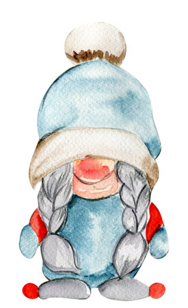 Watercolor Scandinavian Christmas gnomes. Christmas decoration and characters. Watercolor elements.Design for baby shower party, birthday, cake, holiday celebration design, greetings card, invitation.の写真素材