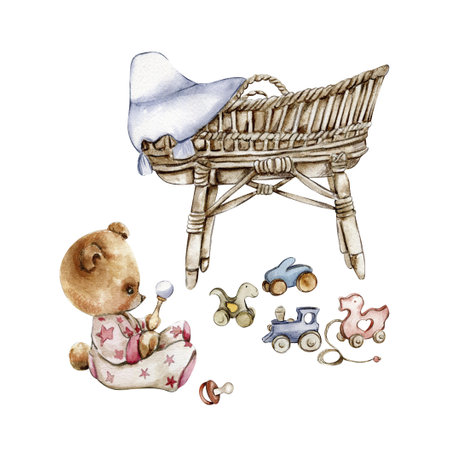 Composition of watercolor baby toys and teddy bear. Wood kids toys watercolor hand drawn. Educational wooden blocks and objects for toddlers.Perfect for wedding invitation, greetings card, posters.の写真素材