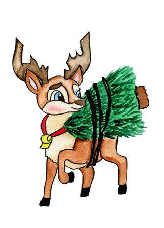 Watercolor Christmas deer. Christmas decoration and characters. Watercolor elements.Design for baby shower party, birthday, cake, holiday celebration design, greetings card, invitation.の写真素材