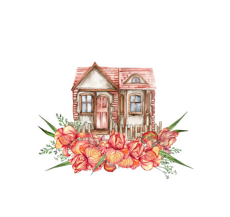 Watercolor composition of an old wooden farm house and flowers. Hand drawn illustration perfect for wedding invitation, greetings card.の写真素材