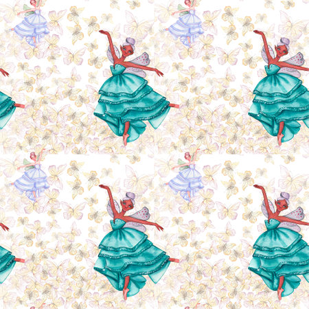 Seamless pattern with dancing ballerina. Watercolor handdrawn illustration with spring flowers, butterflyes and fairy ballerina. Applicable for textiles, decor. Can be used as a background.の写真素材