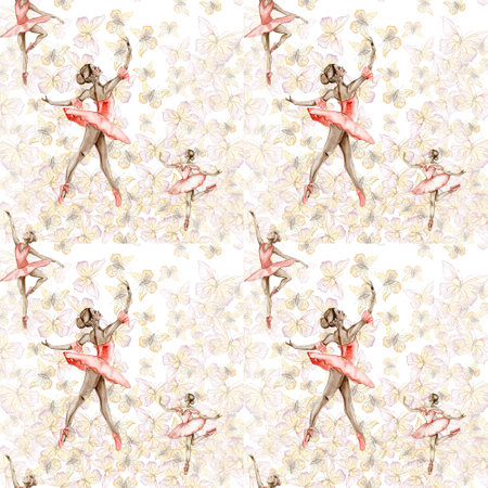 Seamless pattern with dancing ballerina. Watercolor handdrawn illustration with spring flowers, butterflyes and fairy ballerina. Applicable for textiles, decor. Can be used as a background.の写真素材