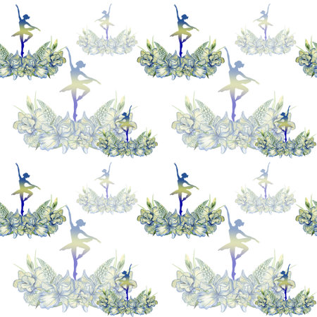 Seamless pattern with dancing ballerina. Watercolor handdrawn illustration with spring flowers, butterflies and fairy ballerina. Applicable for textiles, decor. Can be used as a background.の写真素材