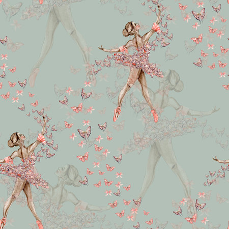Seamless pattern with dancing ballerina. Watercolor handdrawn illustration with spring flowers, butterflies and fairy ballerina. Applicable for textiles, decor. Can be used as a background.の写真素材