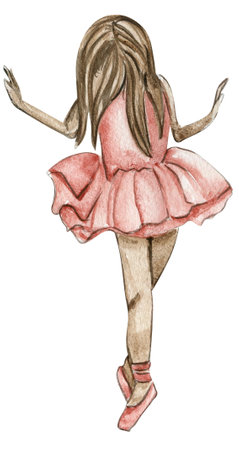 Watercolor ballerina girl in pink dress. Pretty small ballerina. Watercolor hand drawn illustration. Can be used for greeting cards or posters.の写真素材