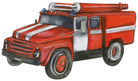Watercolor red fire truck. Hand drawn firefighters transport. Rescue car. For design invitations,...