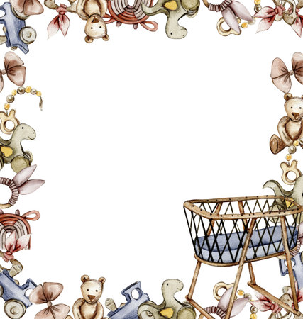 Toys frame, watercolor illustration for cards, backgrounds. Watercolor illustration for scrapbooking. Cartoon hand drawn background with toys for kids design. Perfect for wedding invitation.の写真素材
