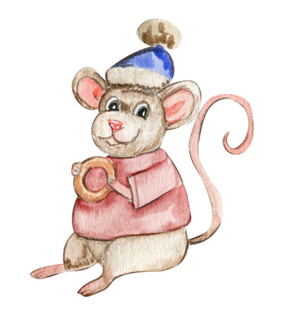 Watercolor Christmas mice in cartoon style. Watercolor Christmas hand drawn illustration for cards, backgrounds, scrapbooking and your design. Perfect for wedding invitation.の写真素材