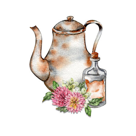 Watercolor rusty old elements and dahlia composition. Hand drawn illustration or a summer garden. Design for baby shower party, birthday, cake, holiday celebration design, greetings card, invitation.の写真素材