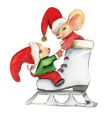 Watercolor Christmas mice in cartoon style. Watercolor Christmas hand drawn illustration for cards, backgrounds, scrapbooking and your design. Perfect for wedding invitation.の写真素材