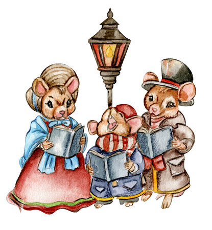 Watercolor Christmas mice in cartoon style. Watercolor Christmas hand drawn illustration for cards, backgrounds, scrapbooking and your design. Perfect for wedding invitation.の写真素材
