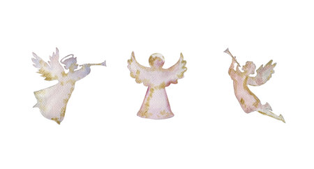 Christmas silhouette of angels. Watercolor Christmas hand drawn illustration for stickers, cards, backgrounds, scrapbooking and your design. Perfect for wedding invitation.の写真素材