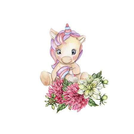 Watercolor hand drawn cute small baby unicorn with dahlia flowers composition. Fabulous baby animal for baby shower party design, birthday, cake, kids room decorations, invitations, poster, fabric.の写真素材