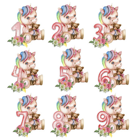 Watercolor hand drawn cute small baby unicorn with dahlia flowers with number composition. Fabulous baby animal for baby shower party design, birthday, cake, kids room decorations, poster, fabric.の写真素材