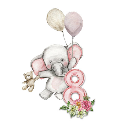 Watercolor hand drawn small baby elephant with dahlia flowers and numbers composition. African baby animal for baby shower party design, birthday, cake, kids room decorations, poster, fabric.の写真素材
