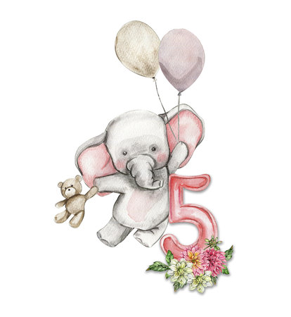 Watercolor hand drawn small baby elephant with dahlia flowers and numbers composition. African baby animal for baby shower party design, birthday, cake, kids room decorations, poster, fabric.の写真素材