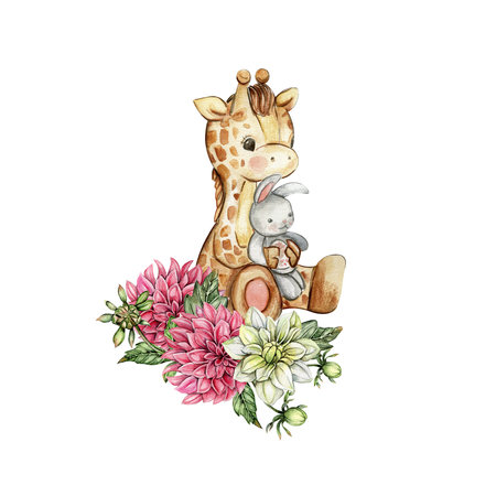 Watercolor hand drawn cute small baby giraffe.with dahlia flowers composition. African baby animal for baby shower party design, birthday, cake, kids room decorations, invitations, poster, fabric.の写真素材