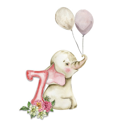 Watercolor hand drawn small baby elephant with dahlia flowers and numbers composition. African baby animal for baby shower party design, birthday, cake, kids room decorations, poster, fabric.の写真素材