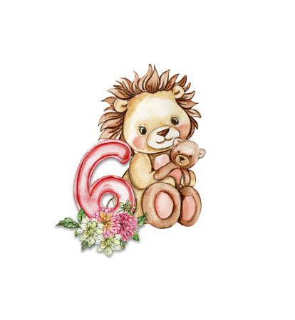 Watercolor hand drawn small baby lion with dahlia flowers and numbers composition. African baby animal for baby shower party design, birthday, cake, kids room decorations, poster, fabric.の写真素材