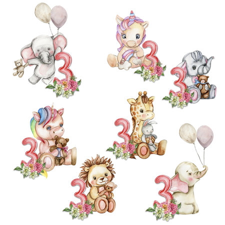 Watercolor hand drawn small baby animals with dahlia flowers and numbers composition. African baby animal for baby shower party design, birthday, cake, kids room decorations, poster, cards, fabric.の写真素材