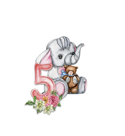 Watercolor hand drawn small baby elephant with dahlia flowers and numbers composition. African baby animal for baby shower party design, birthday, cake, kids room decorations, poster, fabric.の写真素材
