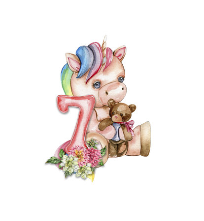 Watercolor hand drawn cute small baby unicorn with dahlia flowers with number composition. Fabulous baby animal for baby shower party design, birthday, cake, kids room decorations, poster, fabric.の写真素材