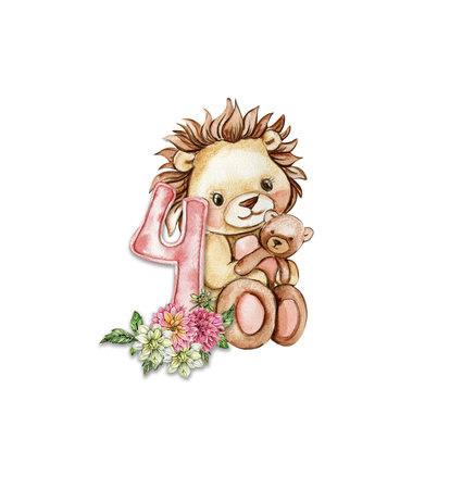 Watercolor hand drawn small baby lion with dahlia flowers and numbers composition. African baby animal for baby shower party design, birthday, cake, kids room decorations, poster, fabric.の写真素材