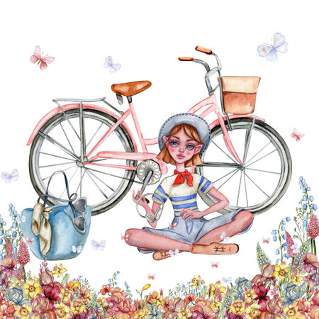 Composition of a small girl sitting in flowers with bicycle on the back. Fashionable child. Design for baby shower party,birthday,cake, holiday celebration design, posters, greetings card, invitation.の写真素材