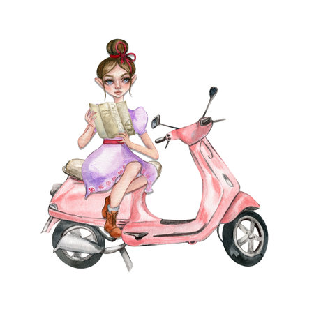Composition of a small girl sitting on a scooter. Fashionable child. Stylish sketch. Fashion illustration. Design for baby shower party, birthday, cake, holiday celebration design, posters, greetings card, invitation.の写真素材