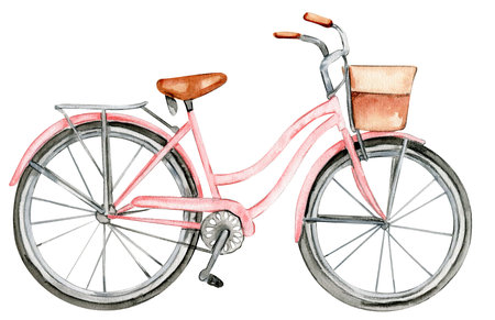 Watercolor women's pink bicycle with a basket for flowers. Hand drawn illustration. Design for baby shower party, birthday, cake, holiday celebration design, posters, greetings card, invitation.の写真素材
