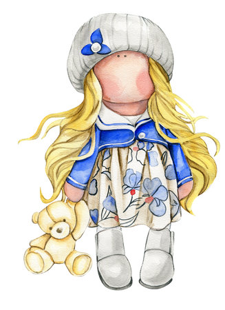 Watercolor hand drawn doll Tilda in dress. Hand drawn watercolor illustration. Design for baby shower party, birthday, cake, holiday celebration design, greetings card, invitation, stickers, posters.の写真素材