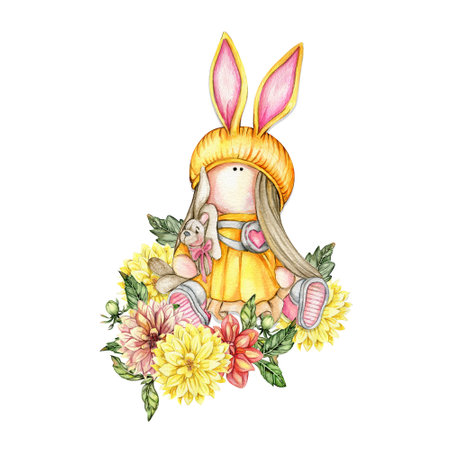 Composition of doll Tilda in dress and dahlia flowers. Hand drawn watercolor illustration. Design for baby shower party, birthday, cake, holiday celebration design, greetings card, invitation, stickers, posters.の写真素材