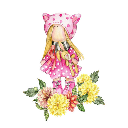 Composition of doll Tilda in dress and dahlia flowers. Hand drawn watercolor illustration. Design for baby shower party, birthday, cake, holiday celebration design, greetings card, invitation, stickers, posters.の写真素材