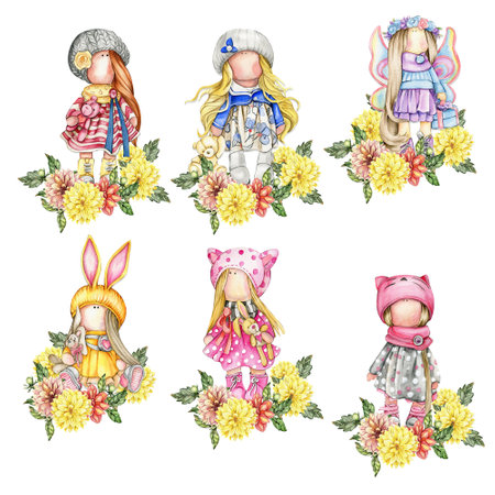 Composition of doll Tilda in dress and dahlia flowers. Hand drawn watercolor illustration. Design for baby shower party, birthday, cake, holiday celebration design, greetings card, invitation, stickers, posters.の写真素材