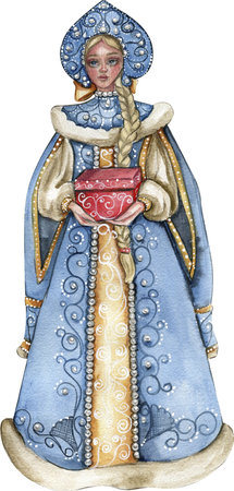 The Snow Maiden in a Christmas blue dress. Watercolor illustration. Snow Maiden, fabulous winter Russian girl, Cute granddaughter of Russian Santa Claus, watercolor portrait in a cold blue winter colors.の写真素材