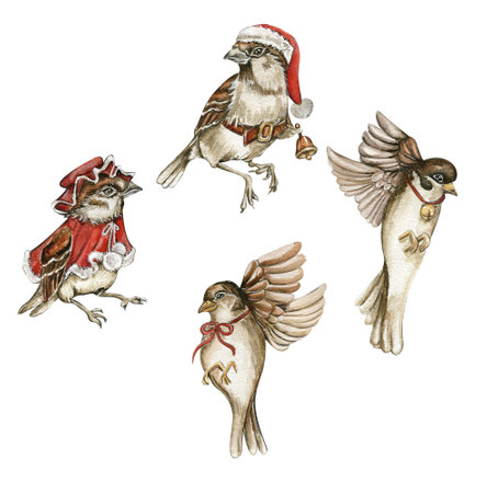 Watercolor bird sparrow in red Christmas hat and coat set. Hand drawn watercolor elements. Perfect for wedding invitation, greetings card, posters, party decoration.の写真素材