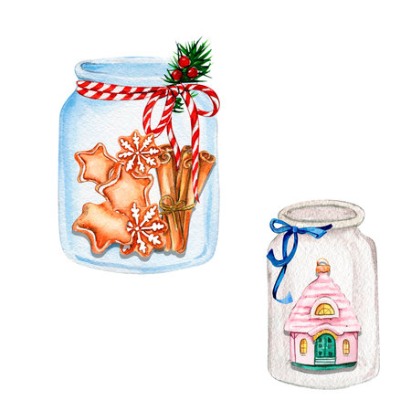 Christmas composition with glass bottle with gingerbread inside. Watercolor hand drawn illustration. New Year's card, perfect for wedding, invitations, blogs, card templates, birthday, patterns.の写真素材