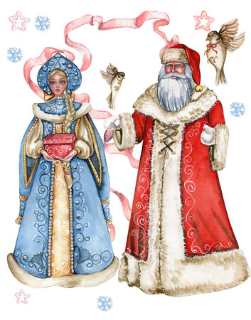 Watercolor illustration of Santa Claus with long white beard in red coat and Snow Maiden in a blue dress. Illustration for scrapbooking, your design, wedding invitation, poster, party decoration.の写真素材